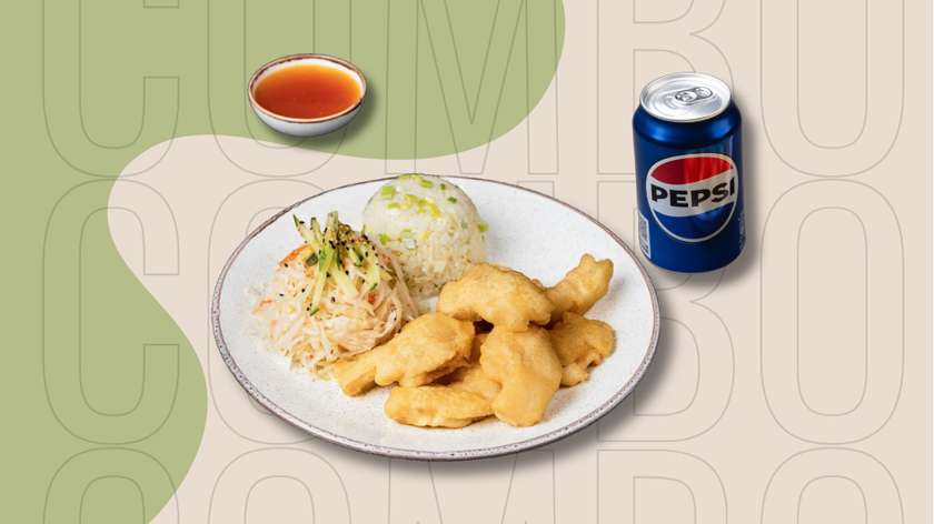Traški vištiena „Gua Bao“ + kepti ryžiai + salotos + „Pepsi“ (0,33 l) | 1 asm.