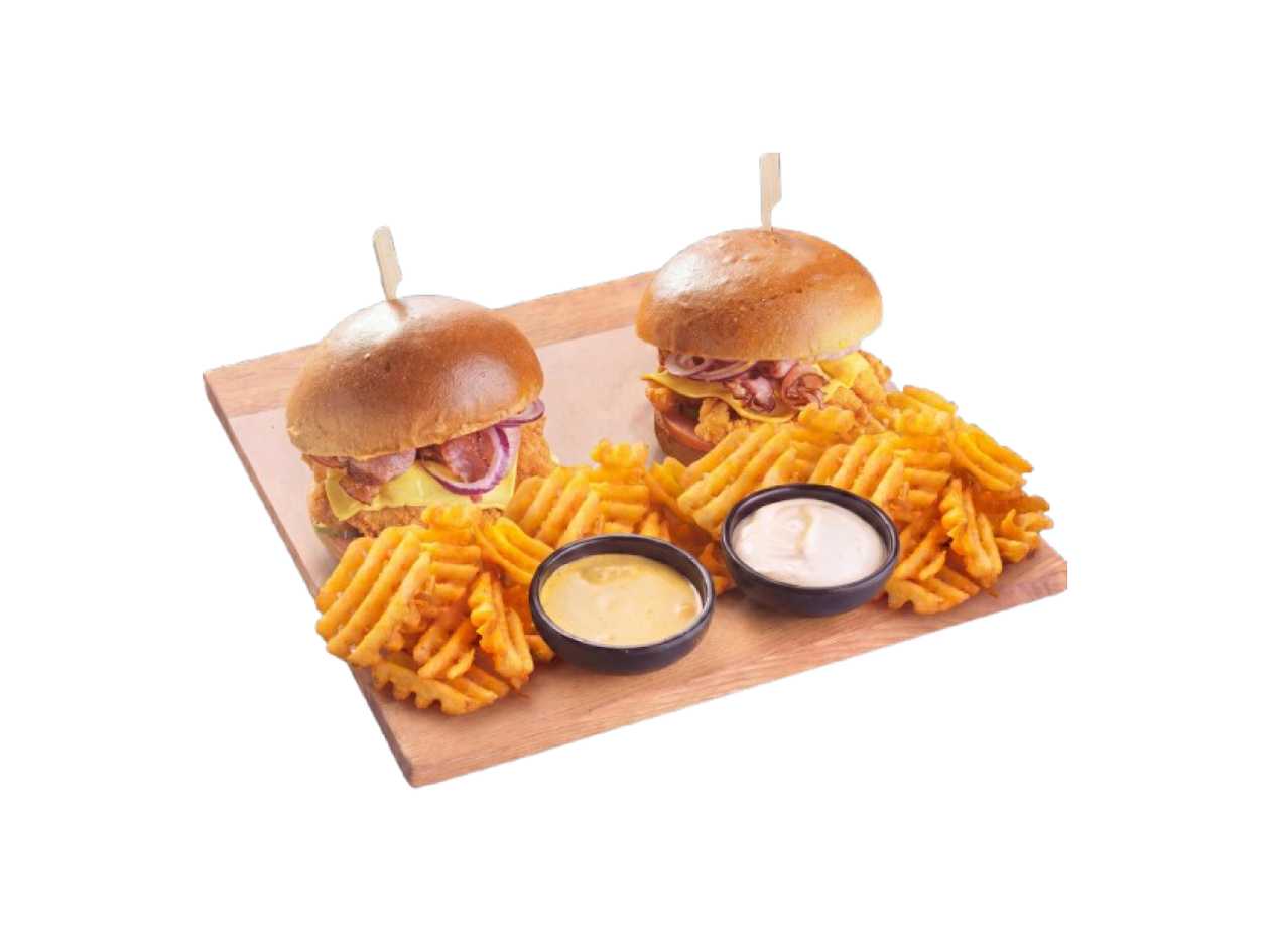 Hearty crispy chicken burger set for two.