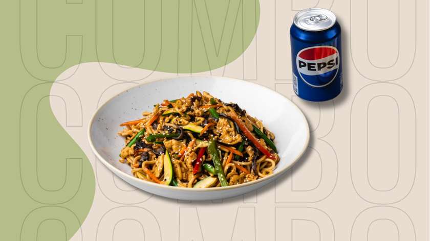 Wok makaronai su vištiena ir Teriyaki padažu + „Pepsi“ gėrimas (0.33 l) | 1 asm.