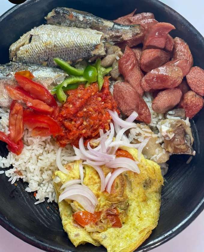 Angwa Mo with egg, sausage, sardines, chicken