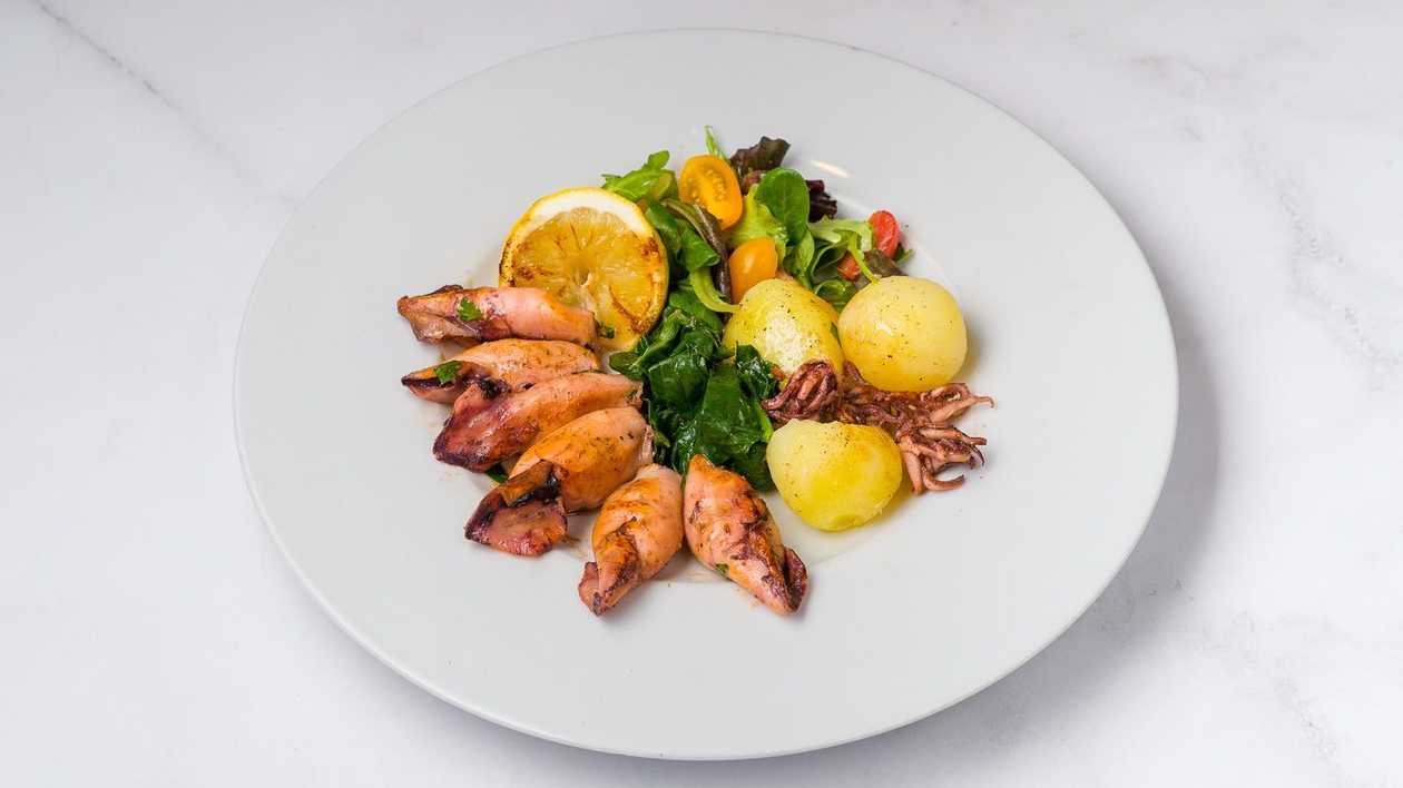 Grilled Baby Calamari with Cooked Potatoes and Spinach