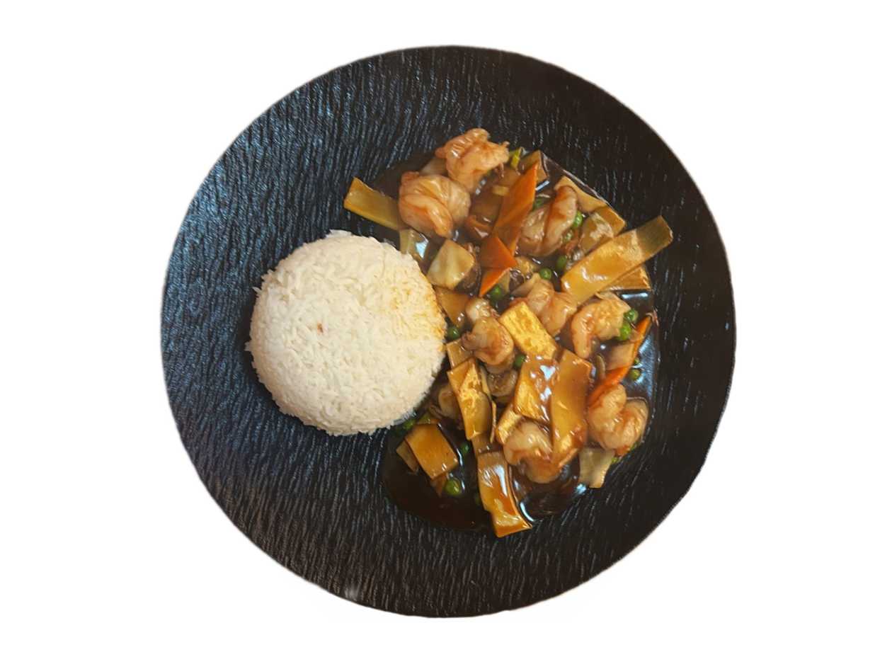 Shrimp with Bamboo and Mushrooms with Rice (2,6)