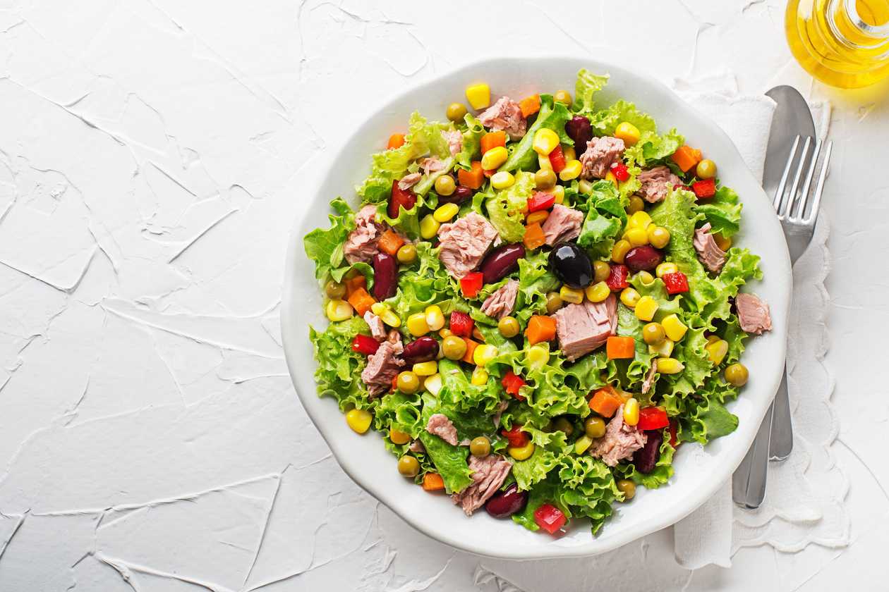 Tuna Steak Salad with Cooked Egg, Olives, Onion and Capers