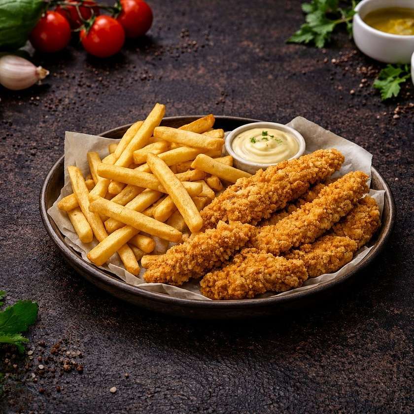 Пилешки хапки и пържени картофи със сос