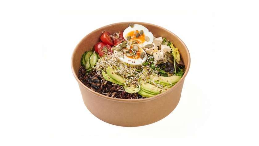 Breakfast bowl with egg, avocado, and sautéed button mushrooms