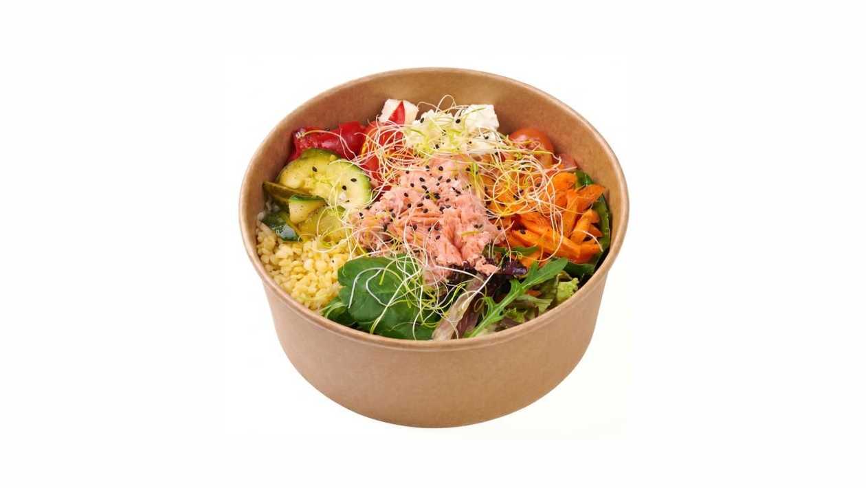Warm salmon bowl with roasted vegetables and bulgur