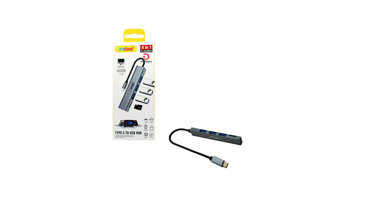 #533B#Andowl®Q-HU806 Type-C to 4-Port USB 3.0 4-in-1 Hub Adapter – Silver