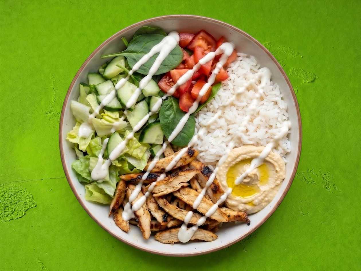 Chicken (130), vegetables, hummus, sauce: Base: