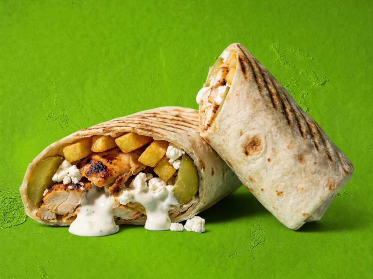 Wrap, Grilled chicken (130), French fries inside, pickles, Balkan cheese, sauce: