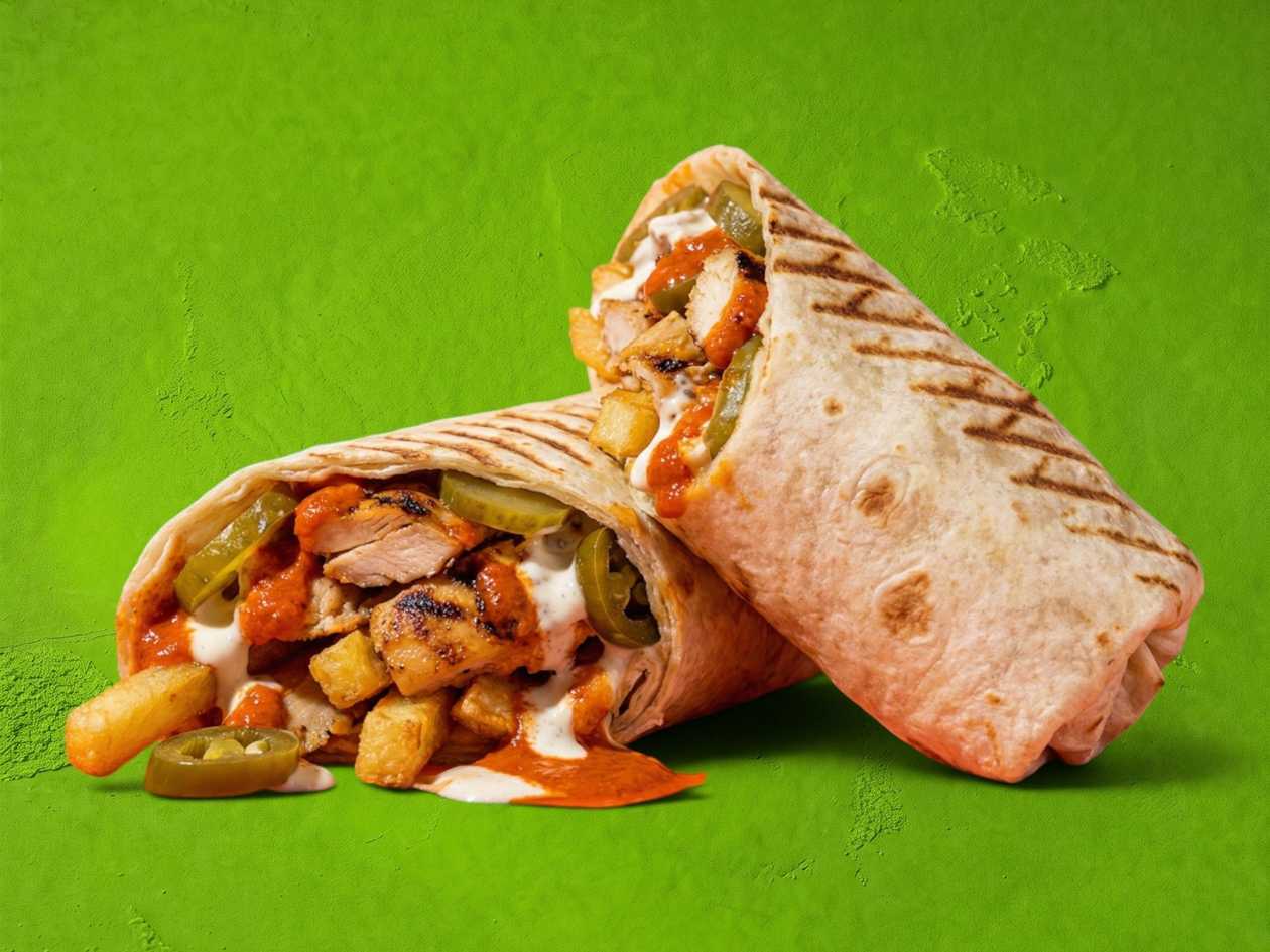 Wrap, Grilled chicken (130), French fries inside, pickles, sauce:
