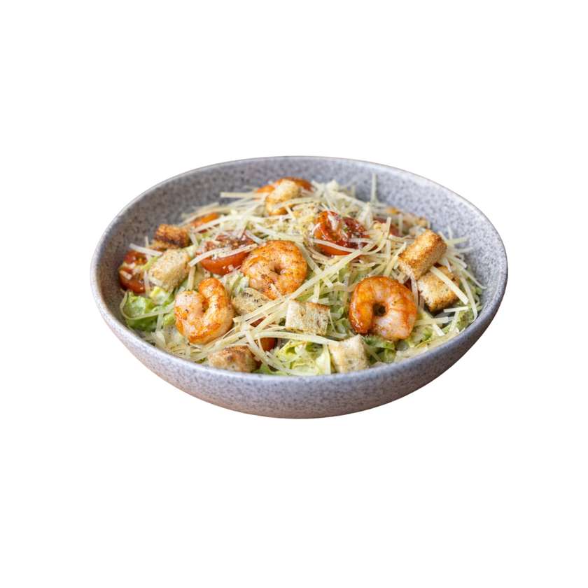 Caesar salad with tiger prawns
