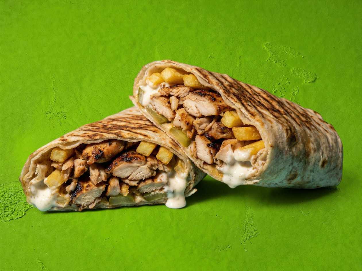 Wrap, Double portion grilled chicken (260), french fries inside, pickles, sauce: