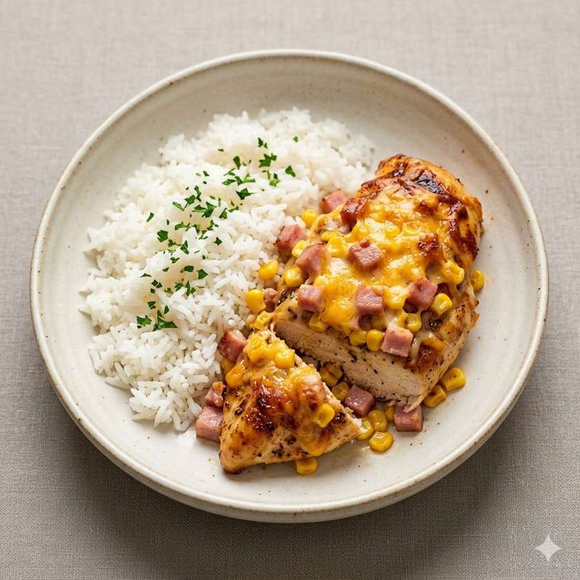 Menu 1: Baked Chicken Breast with Peach and Cheese, Rice, and Side Salad