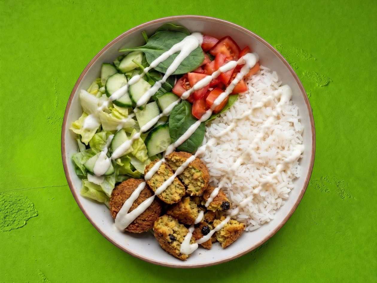 Falafel, vegetables, sauce: Base: