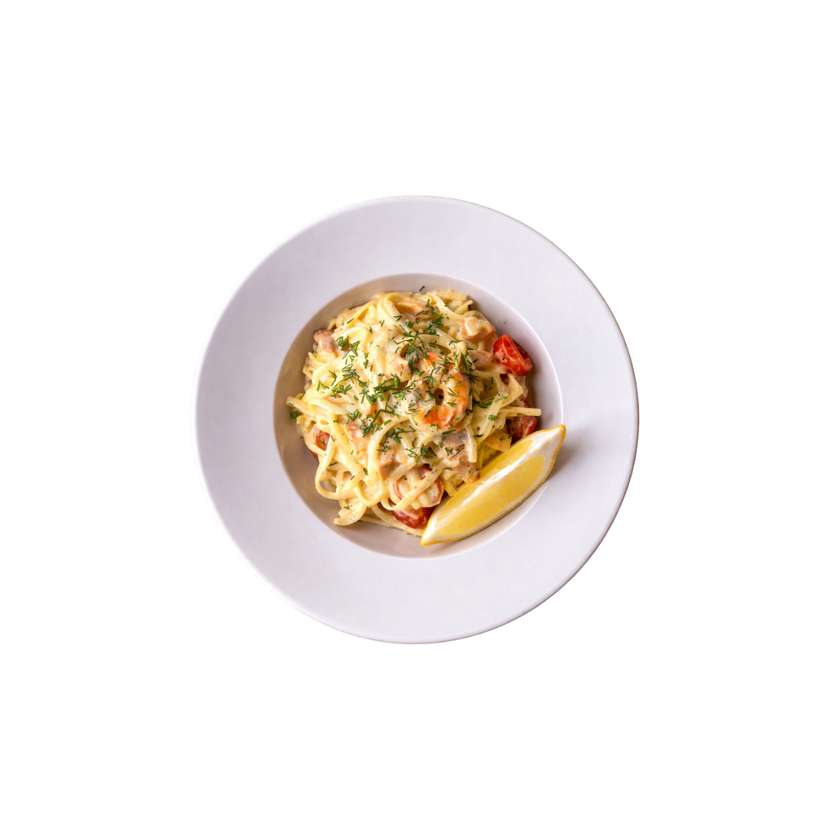 Pasta with salmon and tiger prawns