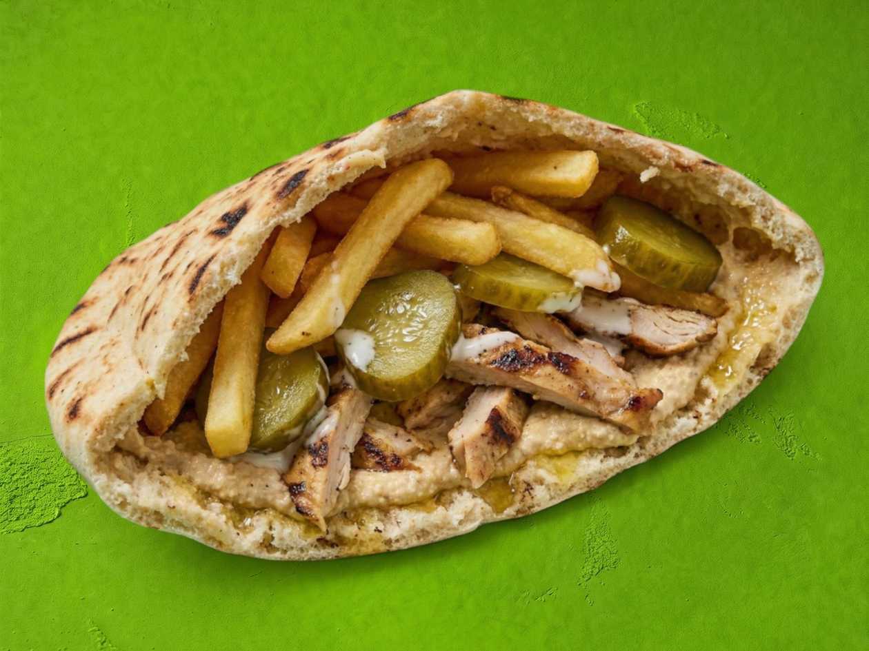 Pita with hummus, chicken (130), french fries inside, pickles, sauce: