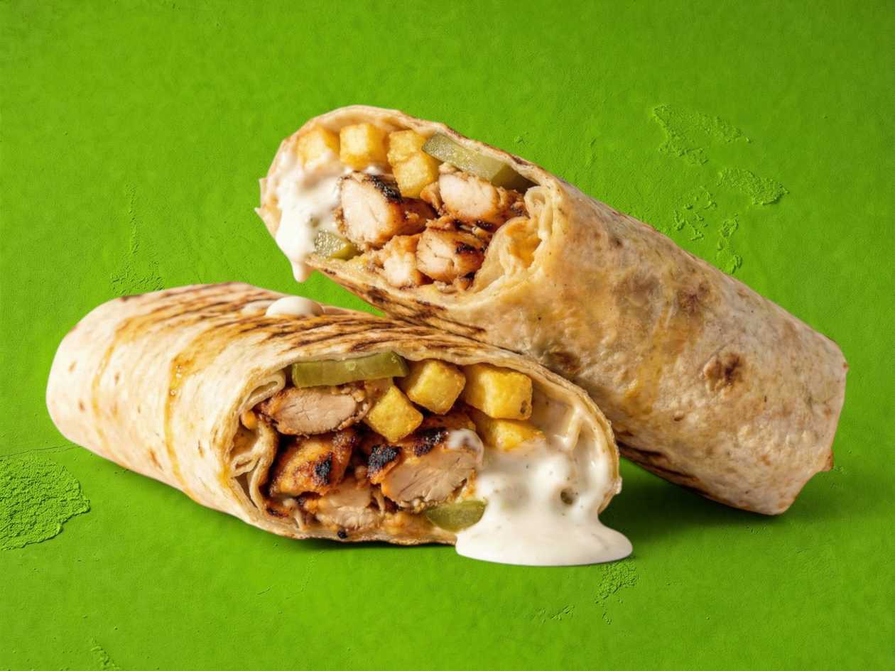 Wrap, Grilled chicken (130), French fries inside, pickles, sauce: