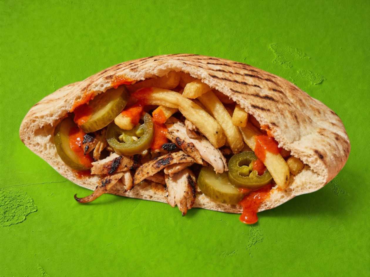 Chicken (130), french friesi nside, pickles, jalapeño, pita, harrisa, sauce: