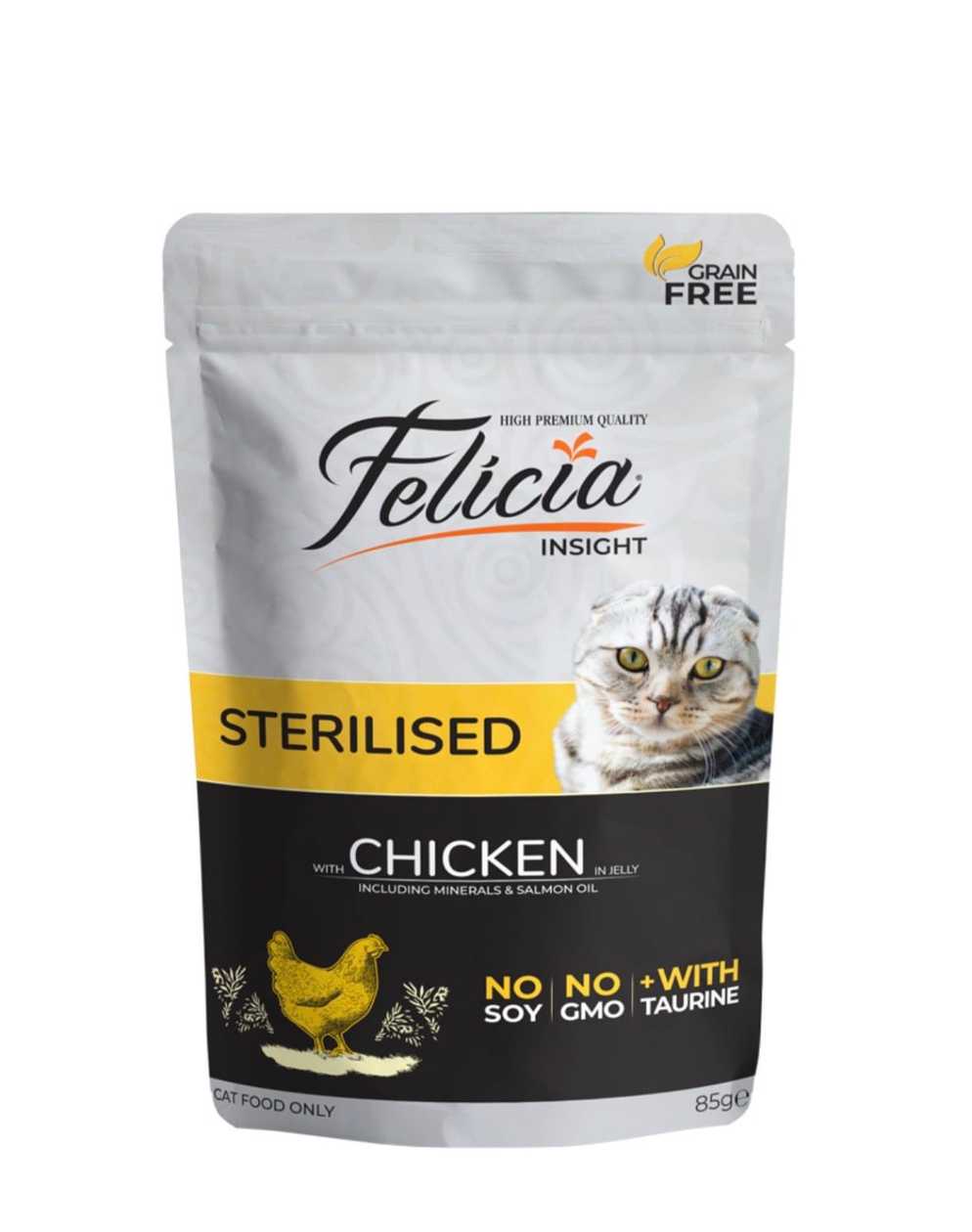 FELICIA Sterilised, Chicken, Grain-Free Wet Food for Sterilised Cats (in Jelly), 85g