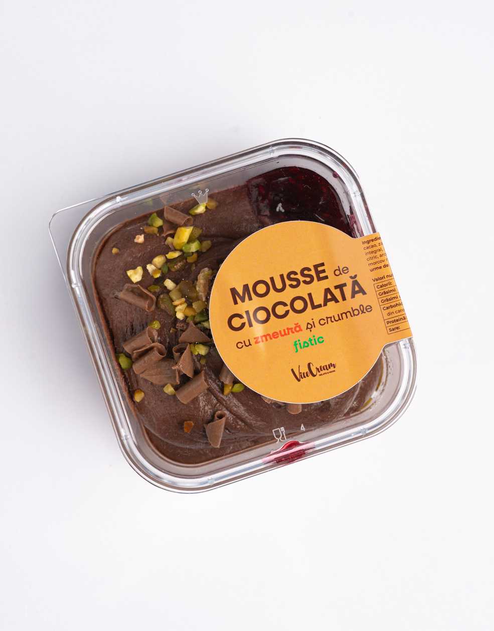 Mousse de ciocolată cu zmeură și crumble de fistic
