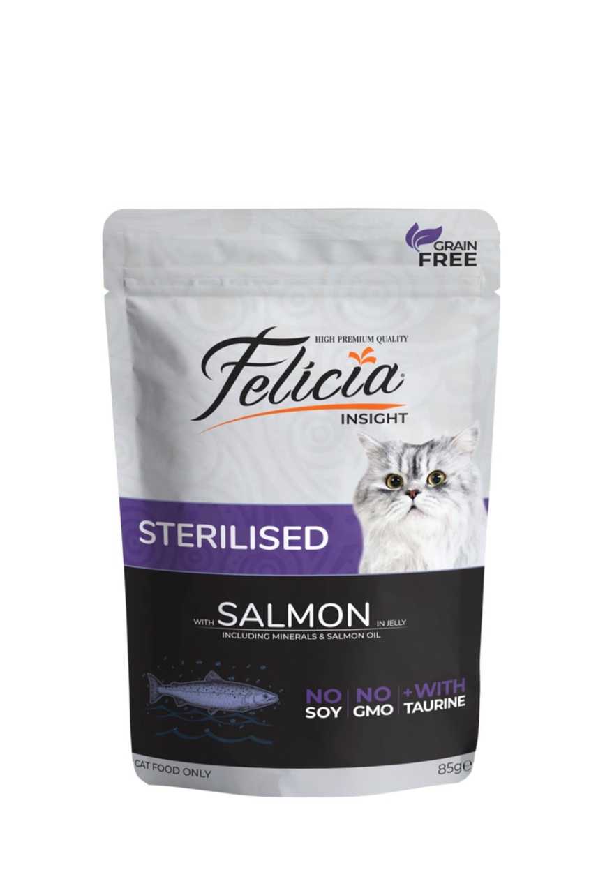 FELICIA Sterilised, Salmon, Grain-Free Wet Food Pouch for Sterilized Cats, (in Jelly), 85g