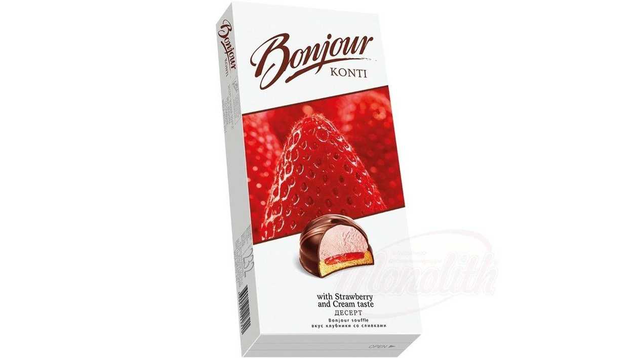 Bonjour Souffle Foamy Sugar Product (25 5%) With Strawberry-Cream Flavor On Loose Short Pastry Base & Jelly With Strawberry Flavor Covered In Cocoa-Based Coating 232g