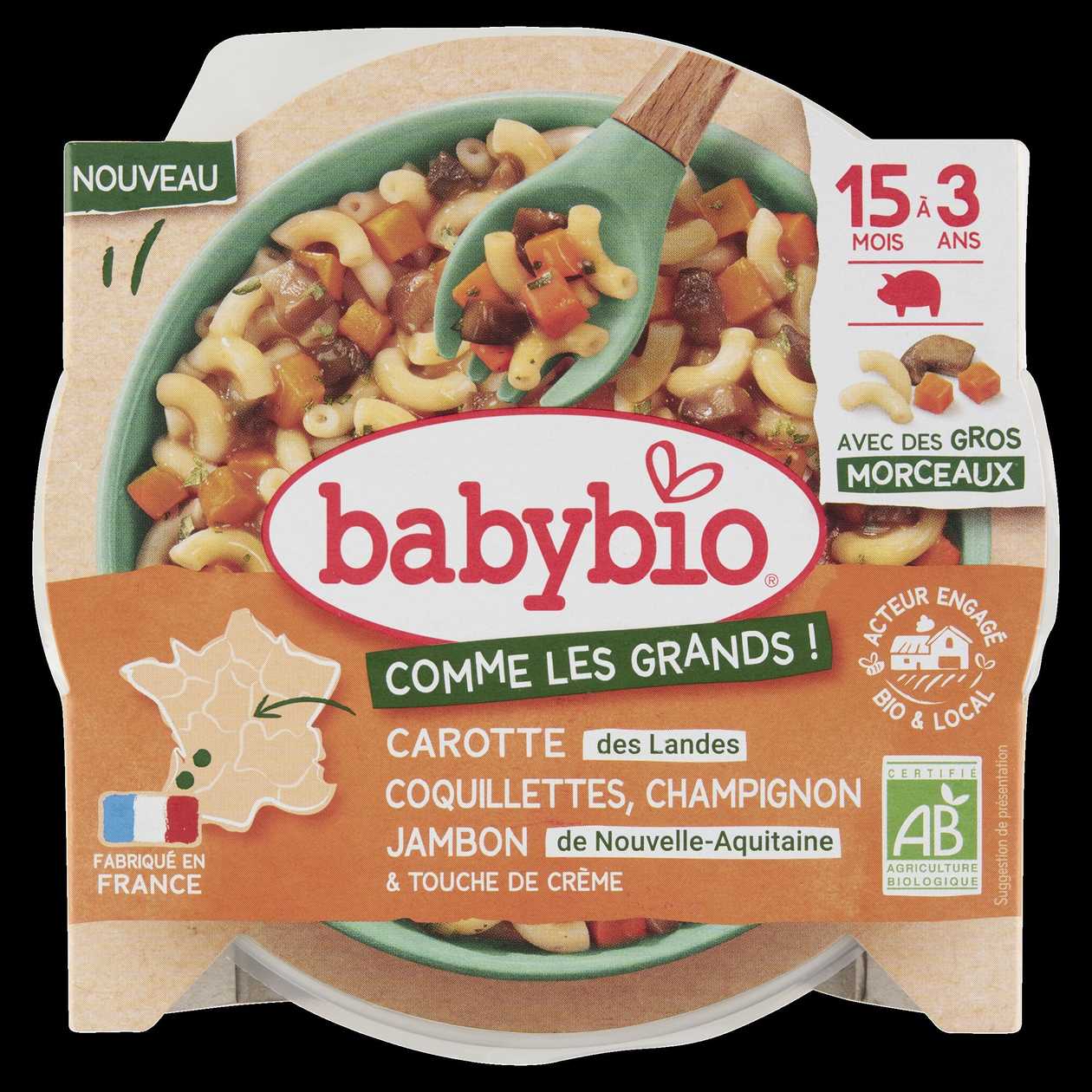 Babybio Bio těstoviny coquillettes s mrkví, žampiony, šunkou a smetanou 200g