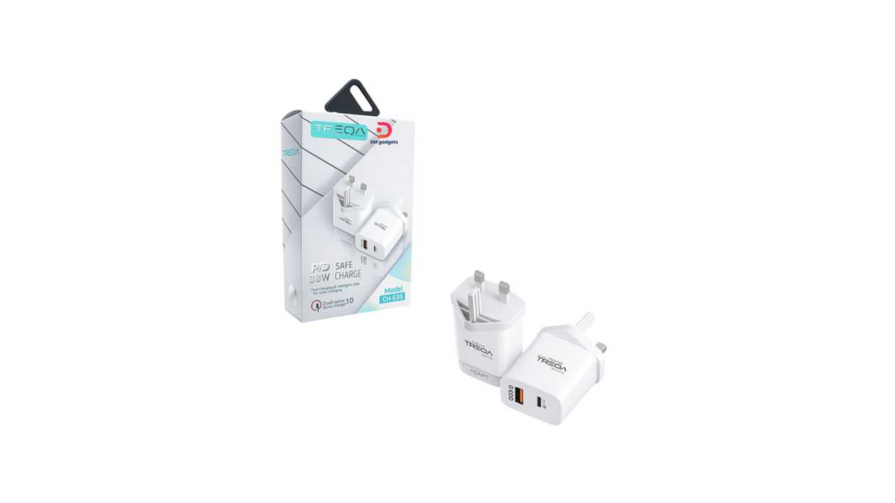 #88E#Treqa®CH-635 38W PD UK-Plug, Fast Charger with USB and Type-C Ports – Fast Charging – White