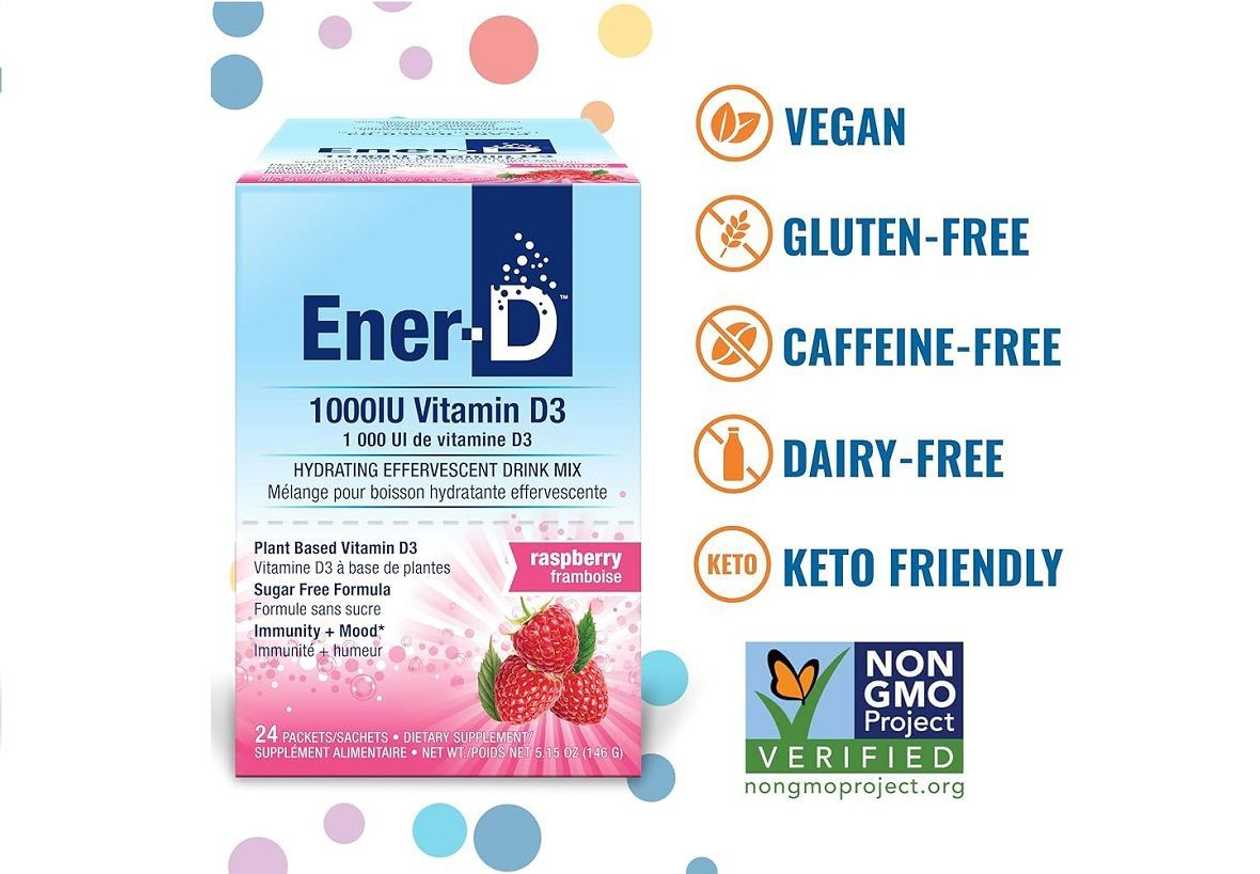 Ener D Bone Support Sugar Free Vitamin D3 Drink Mix 1000IU Raspberry 24 Sachets