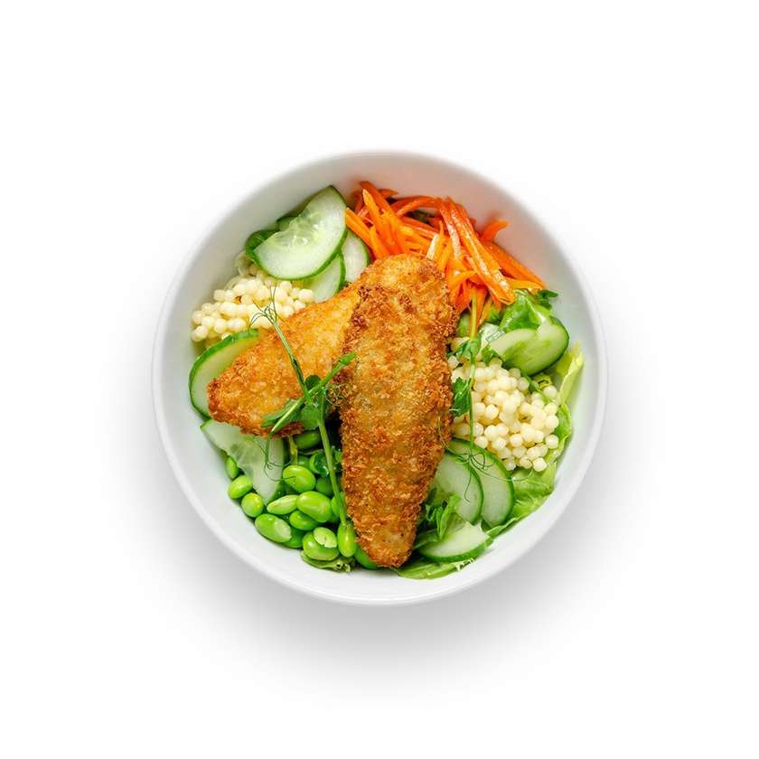 Salad with crispy chicken fingers and pearl couscous