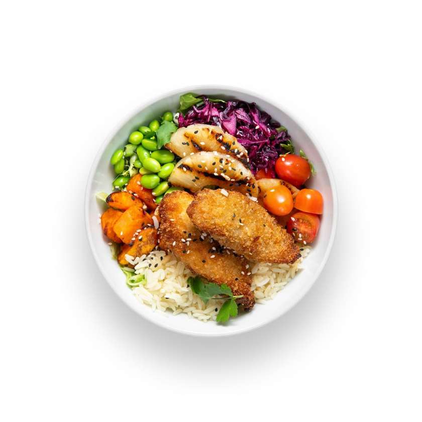 Hawaiian Bowl with fried chicken fingers