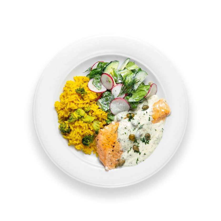 Steamed salmon in lemon caper sauce