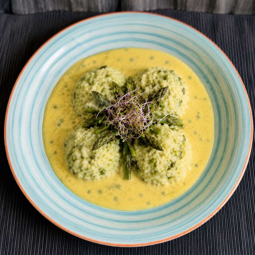 Creamy Asparagus Arborio Risotto with Roasted Asparagus, Parmesan, and Microgreens