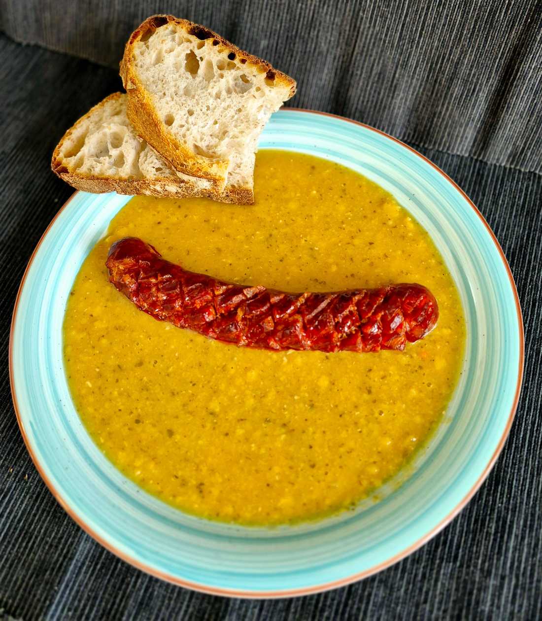 Pea Stew with Roasted Sausage and Sourdough Bread