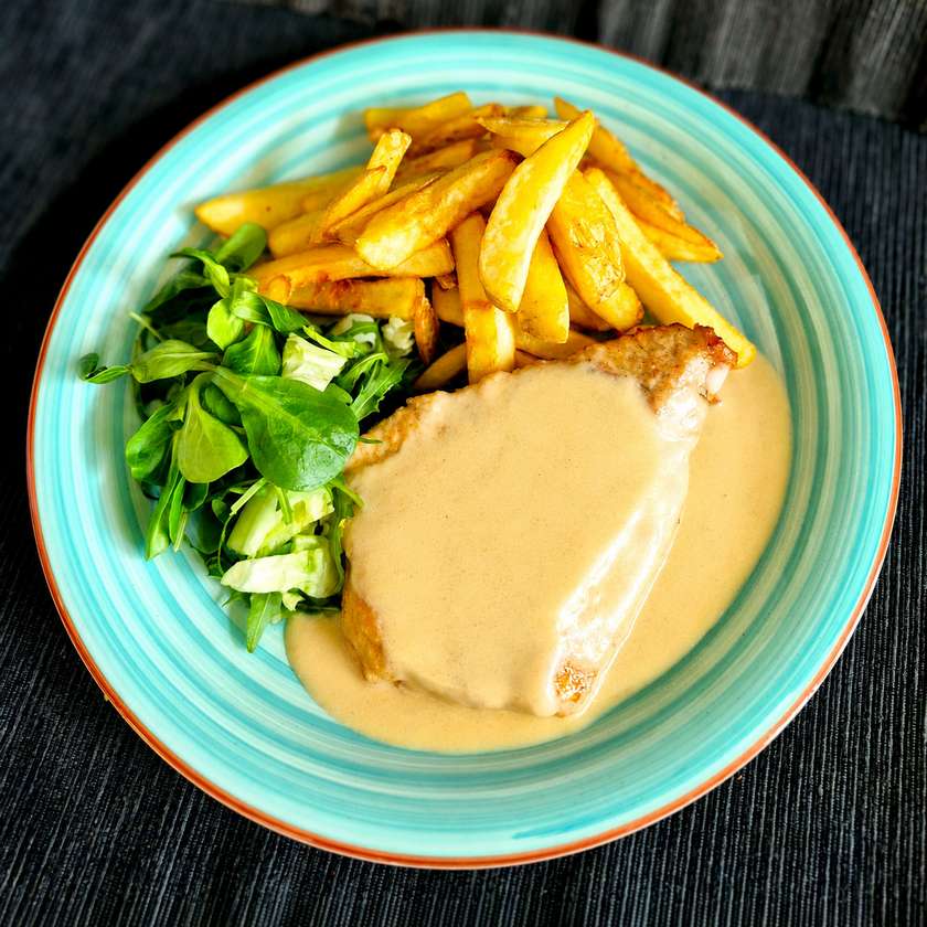 Chicken Steak in Cognac Sauce with Steak Fries and Leaf Salad