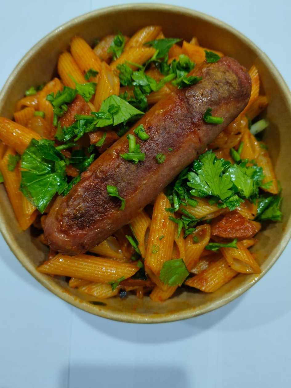 Hot dog with pasta