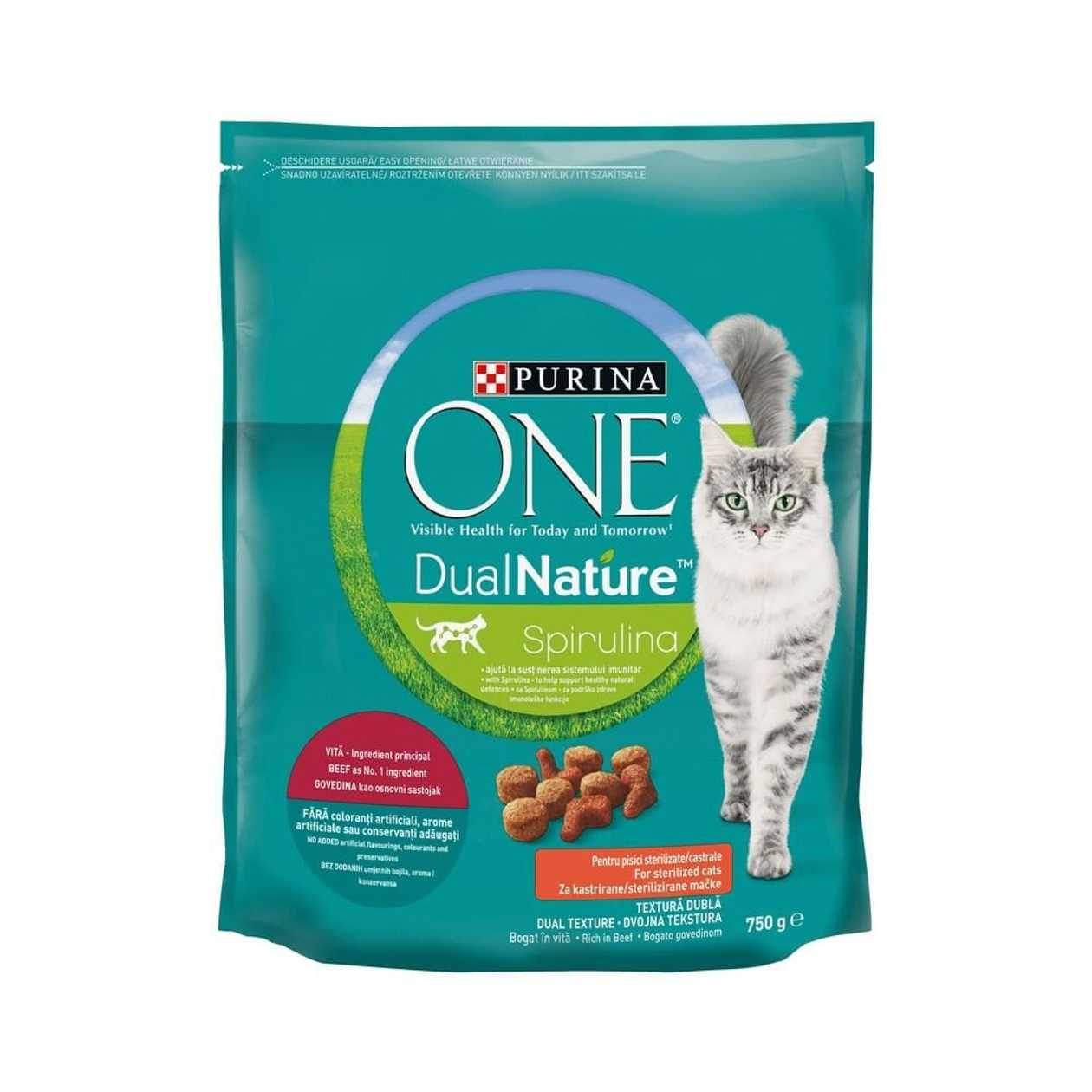 Hrana uscata pentru pisici sterilizate Purina One Dual Nature cu gust de vita, 750 g