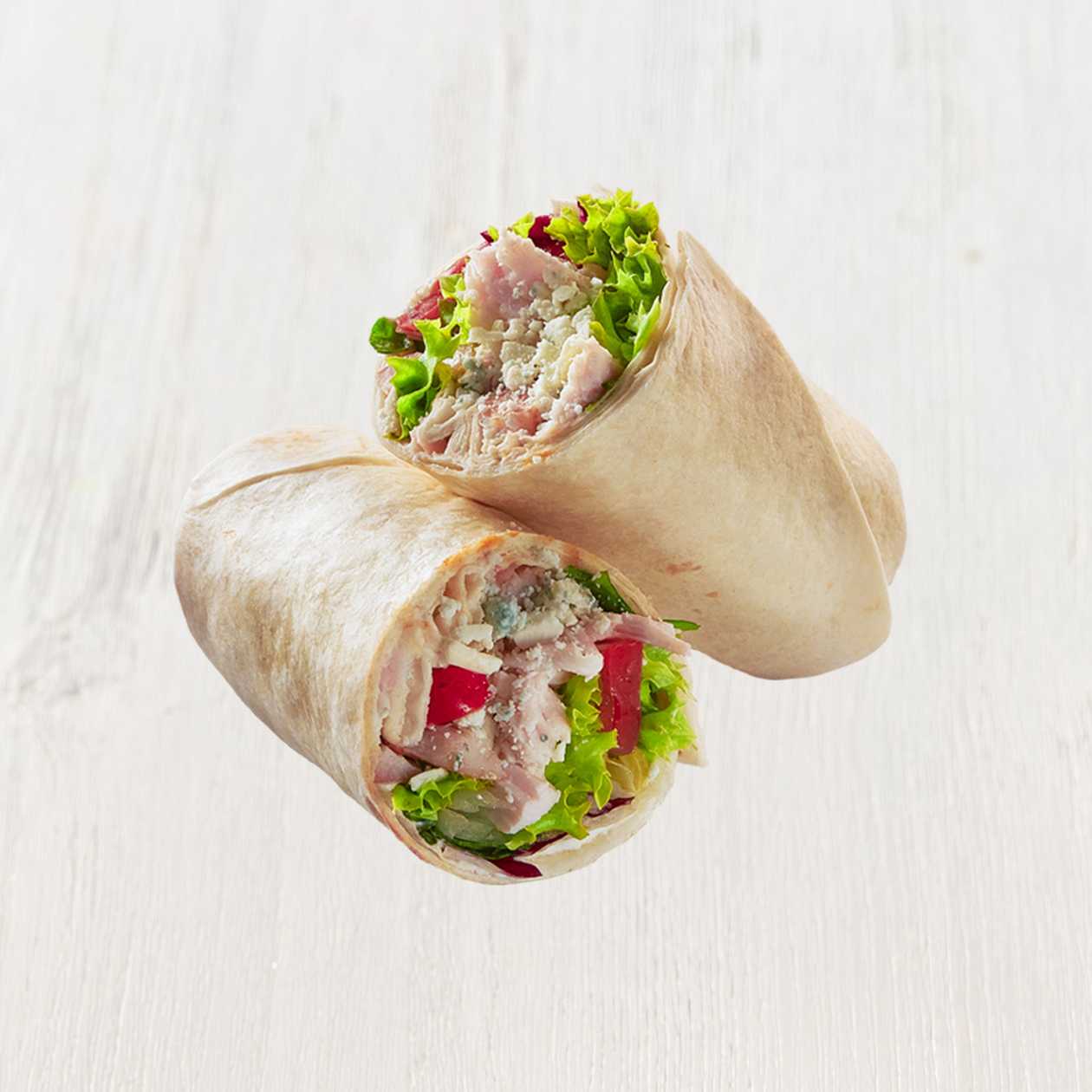 Wrap with blue cheese, smoked chicken and tomatoes