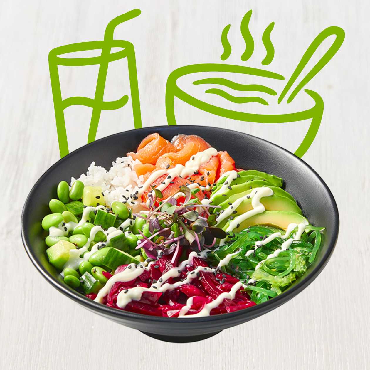 Menu poke bowl losos s wasabi majonézou