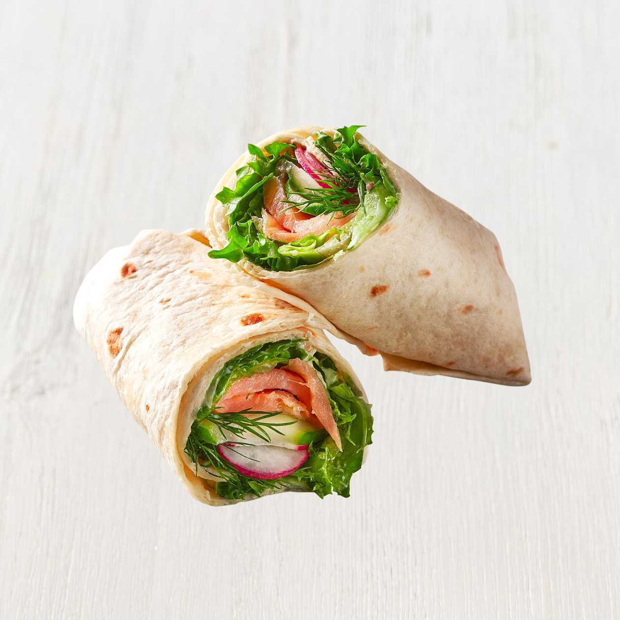 Wrap with salmon, cucumber, dill, honey-dijon dressing
