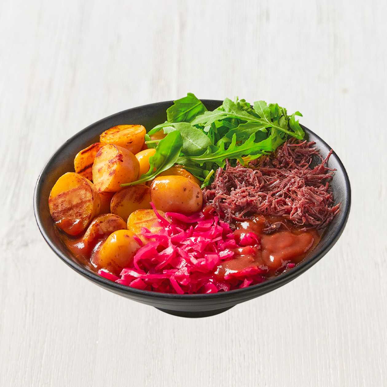 Hovězí bowl se šípkovou omáčkou, pečené brambory