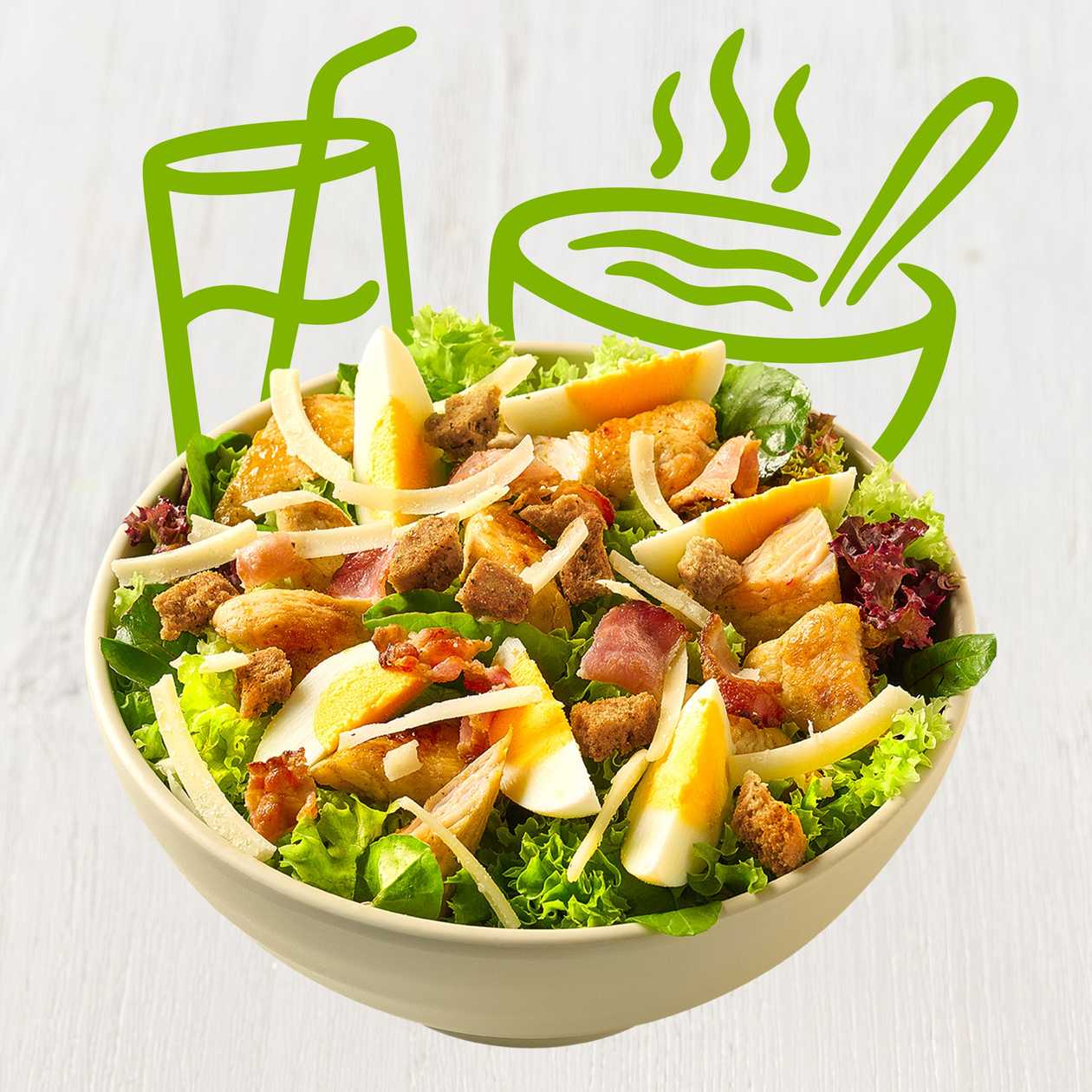 Menu salát Caesar, jogurtová zálivka s parmezánem