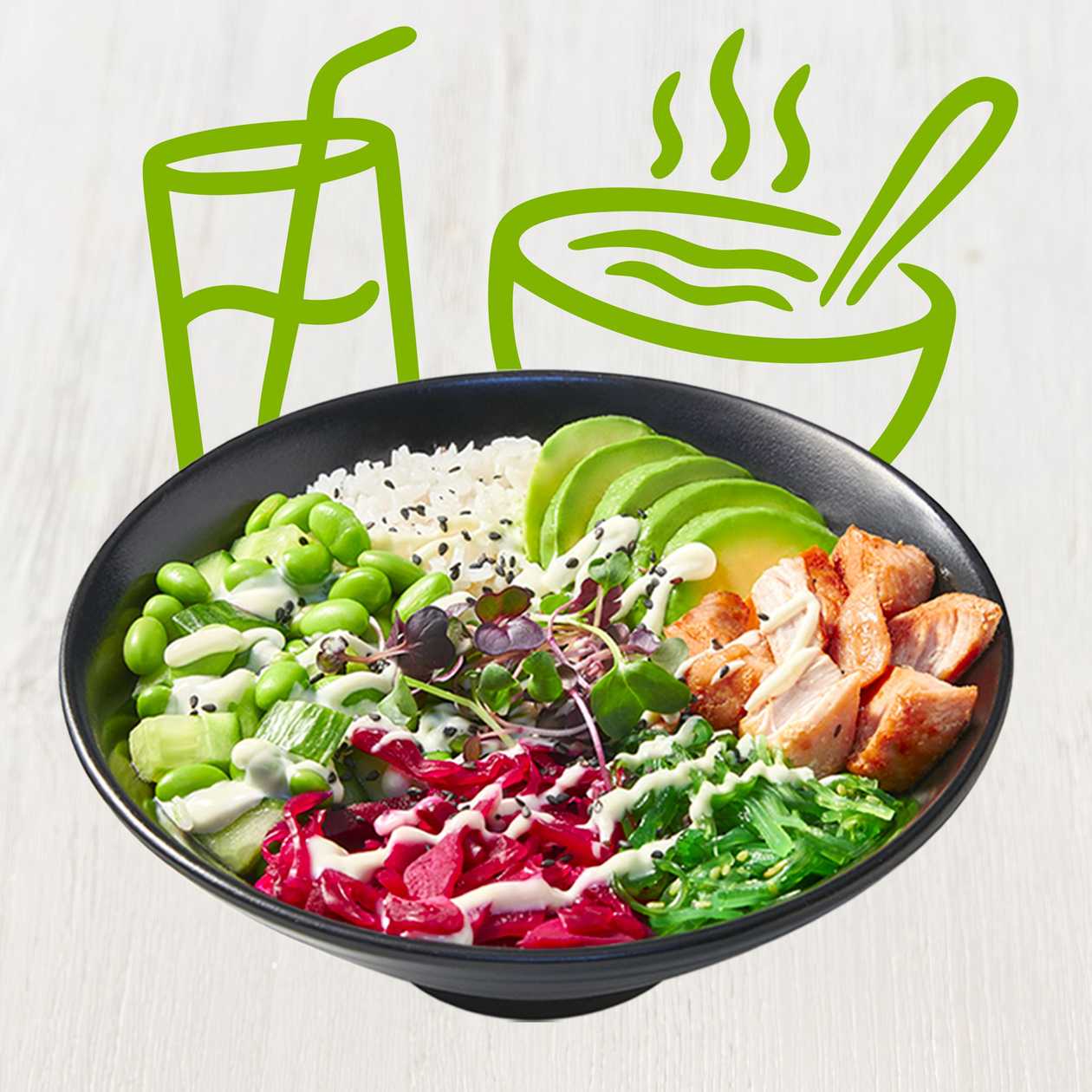 Menu poke bowl kuře s wasabi majonézou