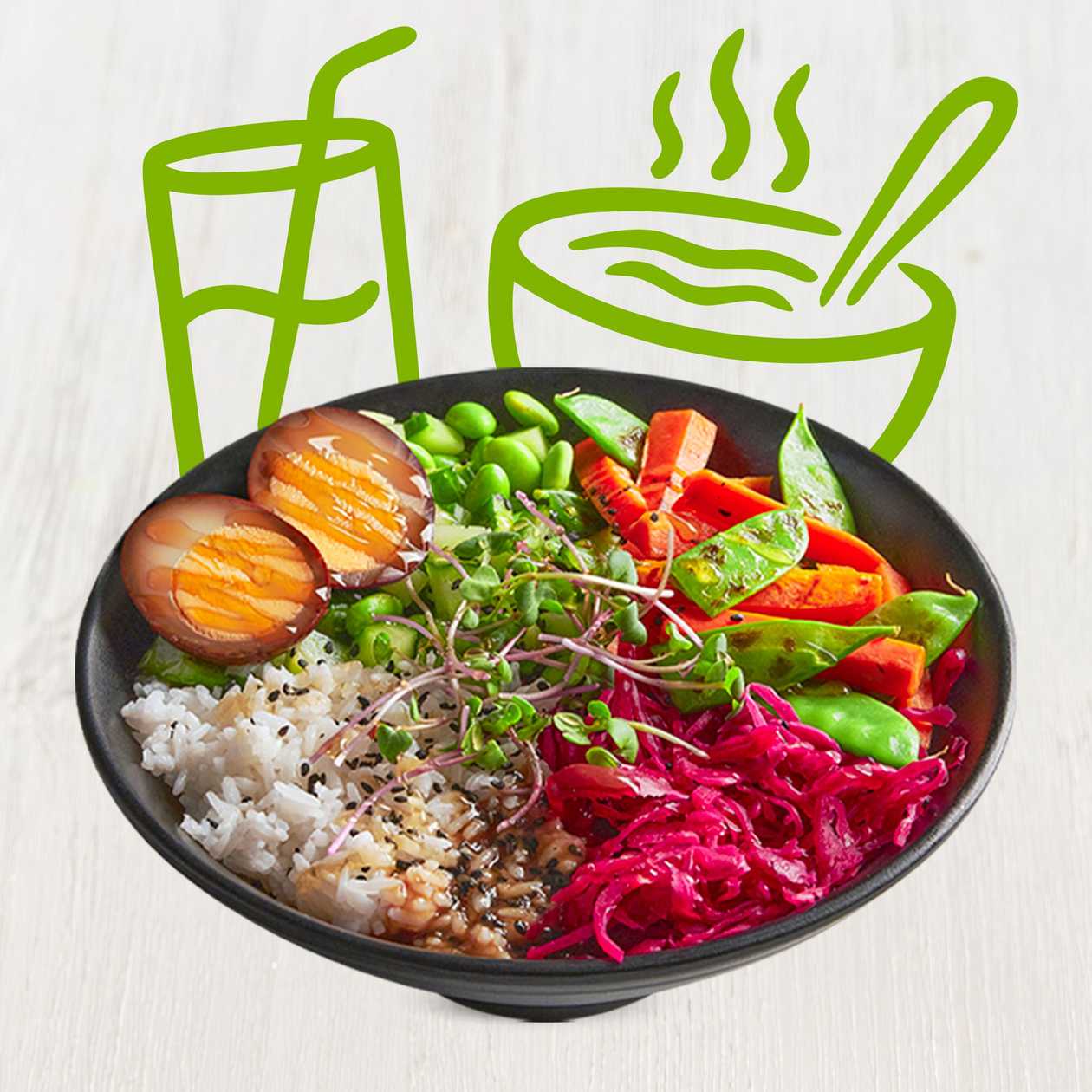 Menu teriyaki veggies bowl s grilovanou zeleninou a marinovaným vejcem
