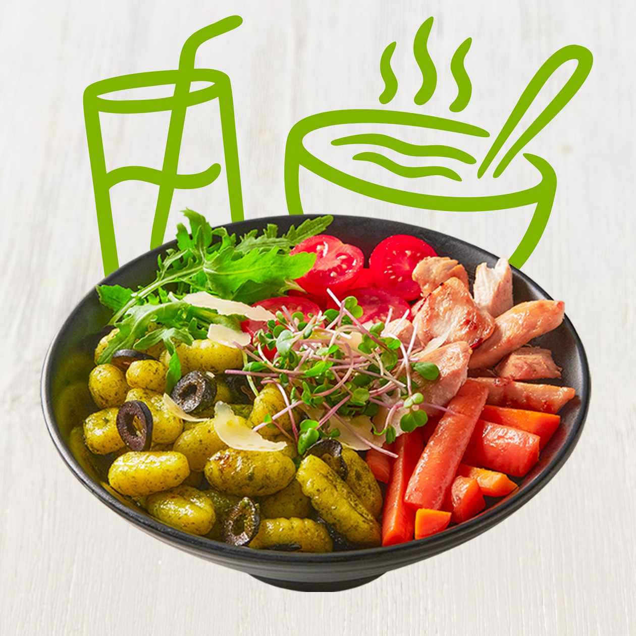 Menu bazalkový bowl noky s kuřetem
