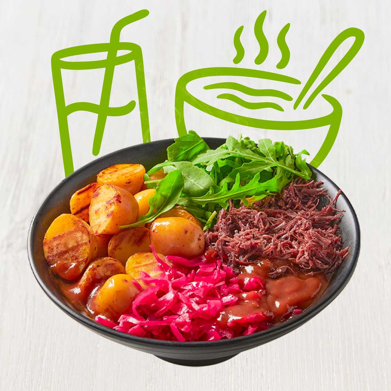 Menu hovězí bowl se šípkovou omáčkou, pečené brambory