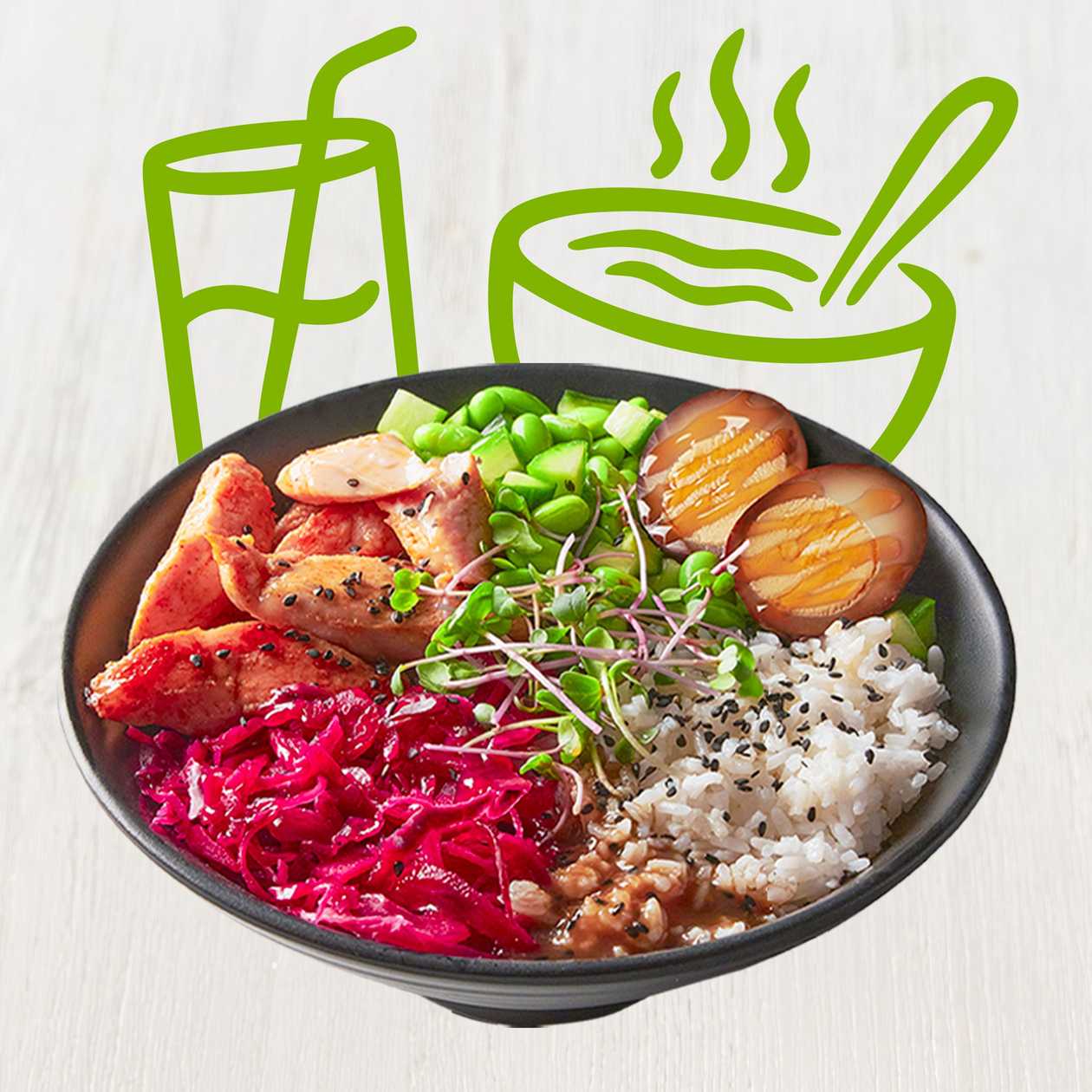 Menu teriyaki chicken bowl s kuřetem a marinovaným vejcem
