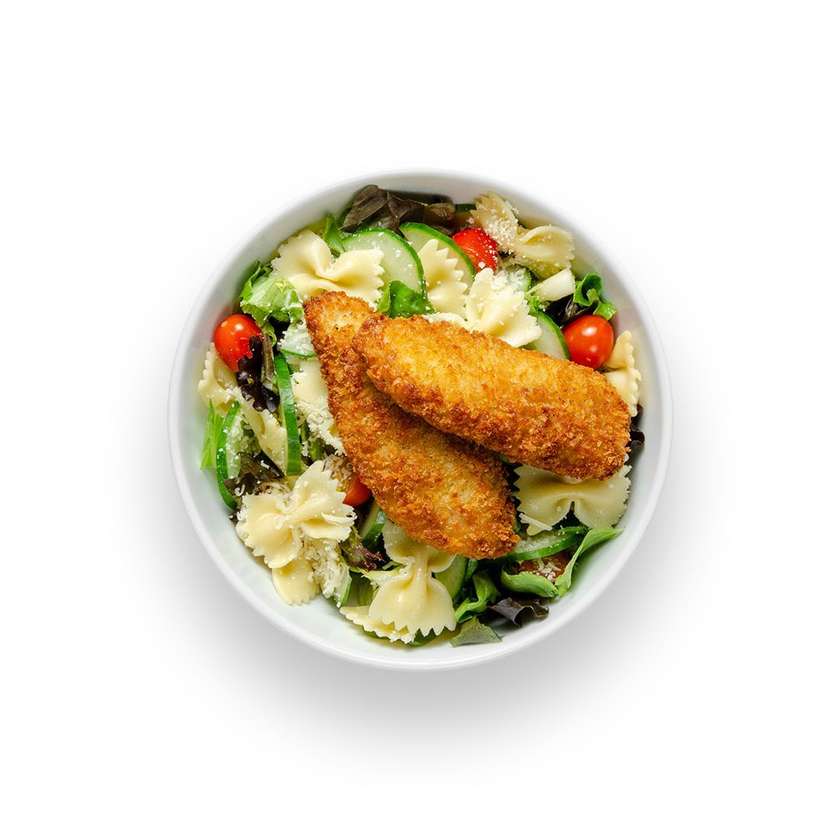 Salad with crispy chicken fingers and Farfalle pasta