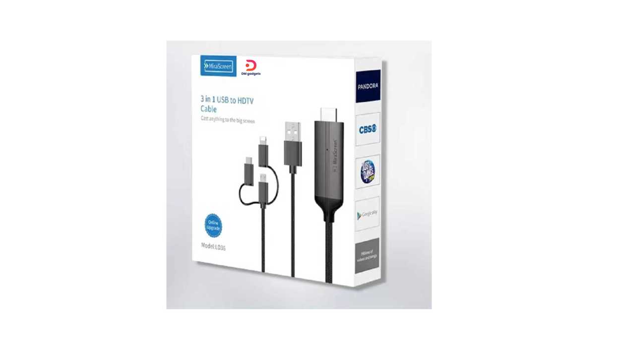 #50A1#Mirascreen®LD36 USB Cable for HDTV – 3-in-1 connectors: Type-C, Micro USB, and Lightning
