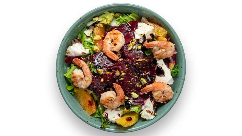Beetroot salad with feta, shrimps